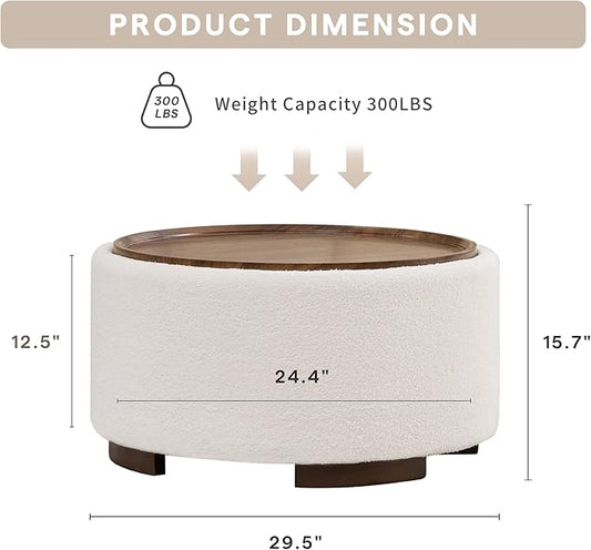 29.5 Inch Round Storage Ottoman Coffee Table,Modern Circle Coffee Table with Storage with Removable Lid Top and Solid Wood Legs,Large Round Ottoman for Bedroom,Living Room,Teddy Fleece,Beige