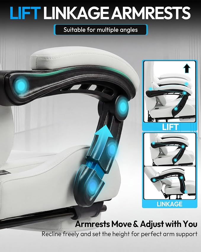Dowinx Ergonomic Gaming Chair with Footrest & Massage Lumbar, 2D-Linkage Armrests for Computer Chair 330lbs with Headrest Pillow for Office, Home, Streaming and Long Gaming Sessions, Fabric Pure White