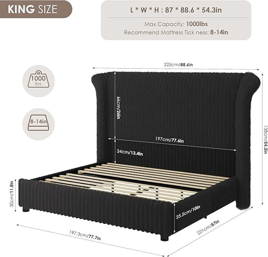 Keyluv King Bed Frame with 54.3” Tall Faux-Fur Wingback Headboard, Upholstered Platform Bed with LED Light, Mattress Foundation with Solid Wooden Slats Support, No Box Spring Needed, Noise-Free, Black