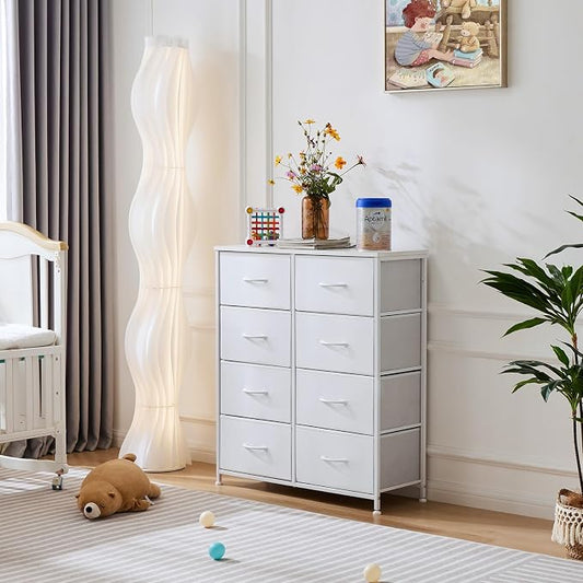 OLIXIS Dresser for Bedroom, 8 Storage Drawers, Tall Large Fabric Storage Tower Organizer, Chest of Drawers with Metal Frame Wooden Top for Nursery, Closet, Living Room, Entryway, White