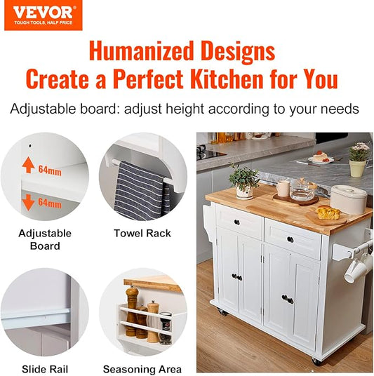 VEVOR Kitchen Island Cart with Solid Wood Top, 35.4" Width Mobile Carts with Storage Cabinet, Rolling Kitchen Table with Spice Rack, Towel Rack, and Drawer, Portable Islands on Wheels, White | Rolling Kitchen Table with Storage Cabinet, Spice Rack, Tow...