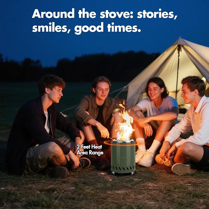 9.7 x 7.1 Inch Tabletop Fire Pit by AmazStove, Low Smoke Camping Stove for Outdoor Safe Burning Firepits, Fueled Pellets or Wood, Travel Bag Included (Green, 9.7 x 7.1 INCH)