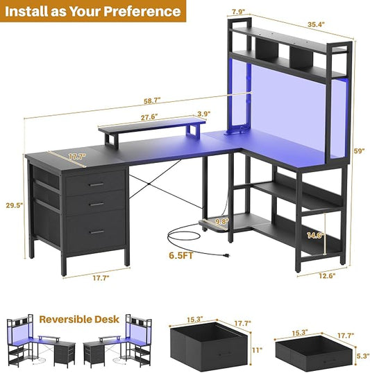Aheaplus L Shaped Desk with Hutch, Gaming Desk with Led Lights, Reversible Computer Desk with Power Outlet, Corner Desk with File Drawer & Monitor Stand, Storage Shelves for Home Office, Black