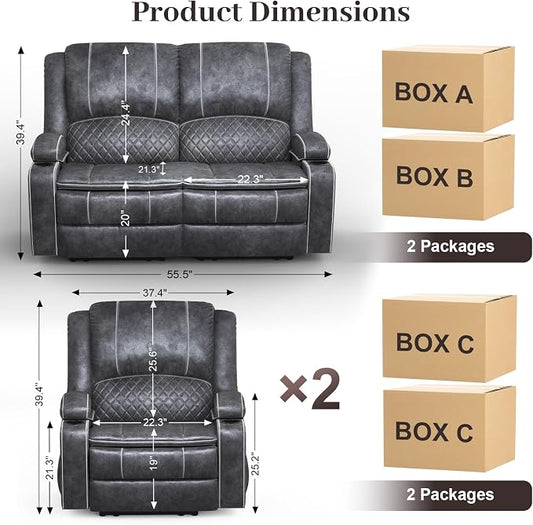 Yolsali Loveseat Recliner Sofa Set with 2-Tier Cushion, 2+1+1 Pieces in Living Room, 2 Seater Reclining Loveseat Velvet Fabric with Removable Console, 2 Oversize Recliner Chair Sofa Seat - Grey