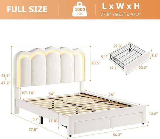 Full Upholstered LED Bed Frame with 2 Storage Drawers and Adjustable Chic Double Wavy Headboard, Velvet Princess Platform Bed with Charing Station, Solid Wood Slats Support,No Box Spring Needed,Beige
