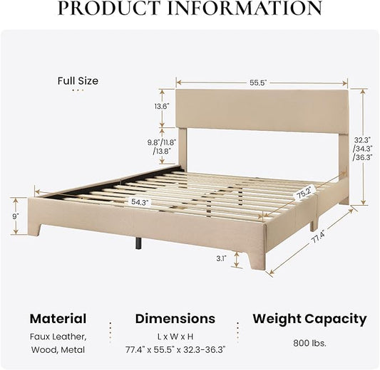 SHA CERLIN Linen Upholstered Full Size Bed Frame with Headboard, Beige | Adjustable Low-Profile Platform Bed, Minimalist Design, Stable Mattress Foundation, Strong Back-Support, No Box Spring Needed