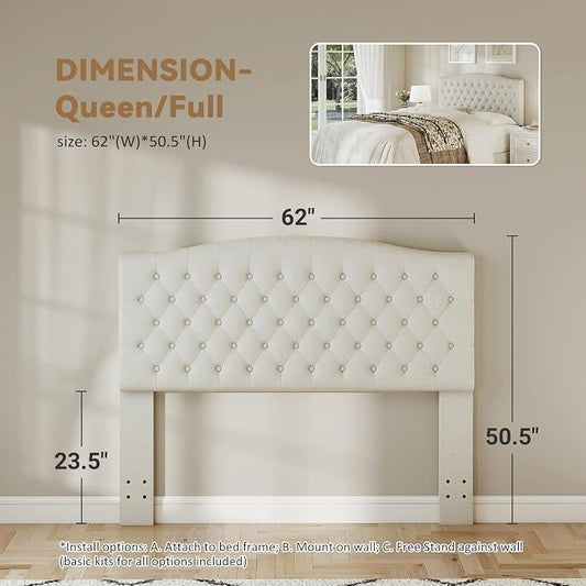 Queen Headboard Only, Linen Classic Tufted Design, Ivory | 2 installation options: 1.bed frame mount 2.wall mount (for adjustable bed), Classic hand-tufted headboard king size