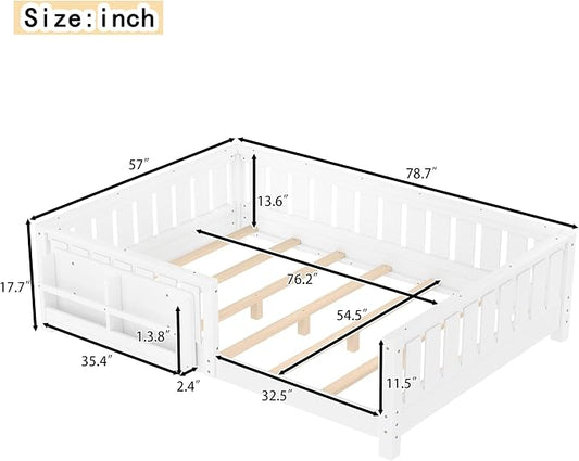 Bellemave White Montessori Floor Bed with Fence and Slats, Full Size Montessori Floor Bed with Bookcase and High Rails, Easy Assemble Bed Frame for Girls, Boys, Full