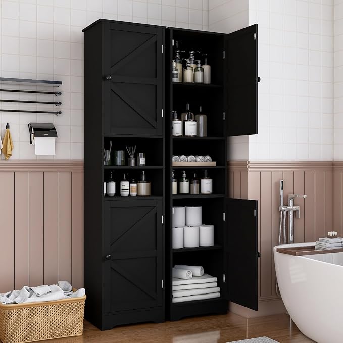 Viaozutis Tall Bathroom Storage Cabinet, Slim Freestanding Cabinet with Adjustable Shelves, Vertical Storage Organizer for Small Bathrooms, Toilet Paper & Daily Essentials Storage Black