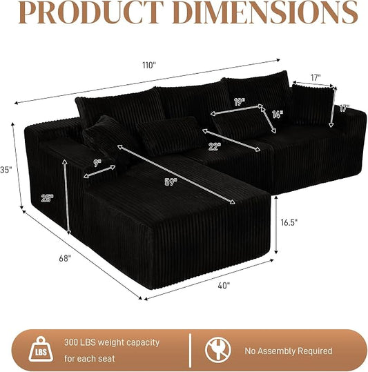 110" L Shaped Cloud Boneless Sectional Couches for Living Room, Modern Comfy Modular Deep Seat Memory Foam Compressed Corduroy Sofa Oversized Left Facing Chaise, No Assembly Required, Balck