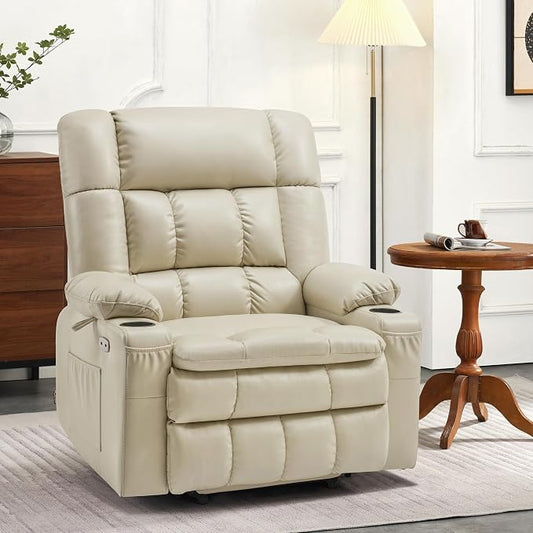 MCombo Dual Motor Power Lift Recliner Chair for Elderly, Lay Flat Lift Chair with Heat and Massage, Oversized Lift Recliner for Big and Tall, Faux Leather R7891 (Cream White, Large-Wide)
