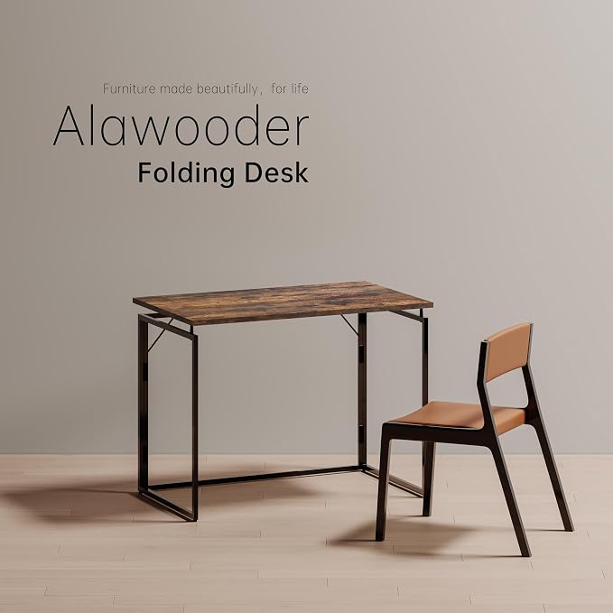 alawooder 39.4" Folding Desk: No Assembly, Wood Top for Small Spaces | 39.4 in dual-monitor workspace, holds 150 lbs, folds flat to 2.3 in, splash-proof top, home office or gaming