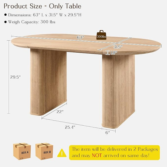 T4TREAM 63" Fluted Oval Dining Table for 4-6, Mid-Century Modern Kitchen Table with Thickened Edge & Strip Pedestal Base, Wood Luxury Table for Dining Room/Kitchen/Home Office,Natural Oak(Table Only)