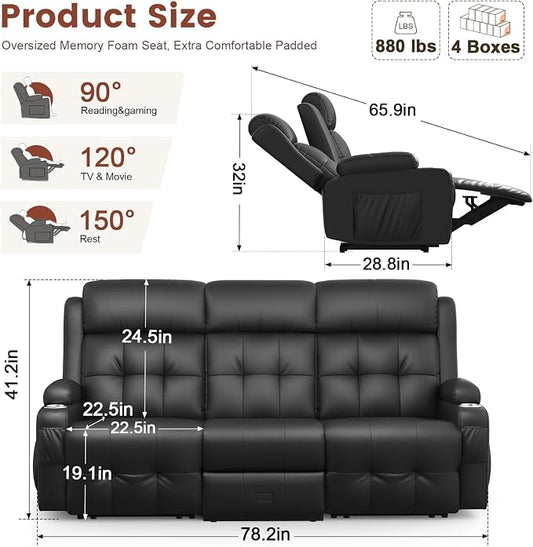 Recliner Sofa, Massage Reclining Sofa 3 Seater Sets Heavy Weight Capacity, RV Loveseat Couch Clearance with Flip Back Console, Storage, Cup Holders, Wall Hugger Reclining Couch for Living Room