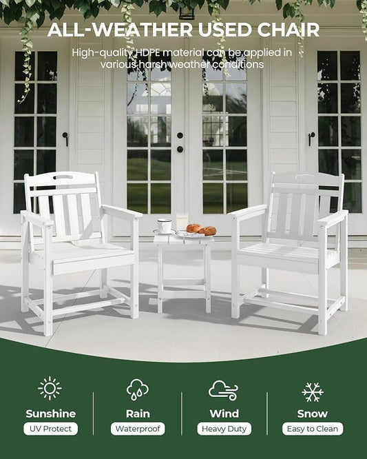 Patio Chairs Set of 2, HDPE Outdoor Dining Chairs with Wide Seat, All Weather Oversized Porch Chair for Garden, Backyard, Deck - White