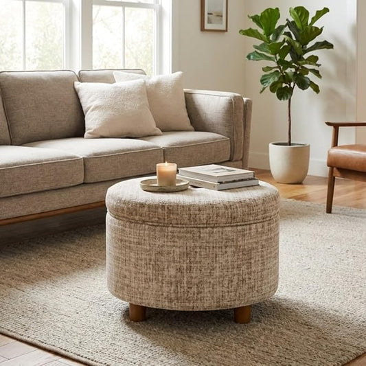 HomePop 24" Large Round Storage Ottoman - Cream Textural Woven
