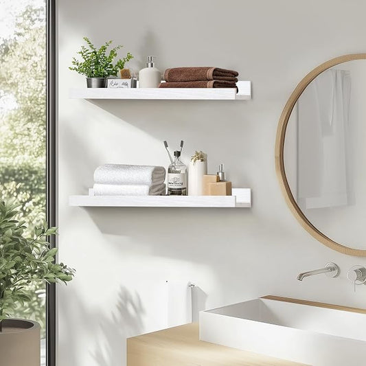 Muzilife 16" Floating Wall Ledge Shelves with Lip - Set of 2 Wood Floating Shelves - Widened White Wall Mounted Picture Ledge for Office, Bathroom, Bedroom, Living Room, Kitchen