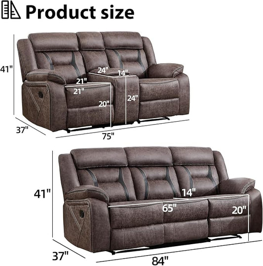EBELLO Manual Recliner Sofa Set, Faux Leather Reclining Living Room Furniture Set, Included Loveseat and 3 Seat Manual Recliner Sofa, Grey(Loveseat+Sofa)