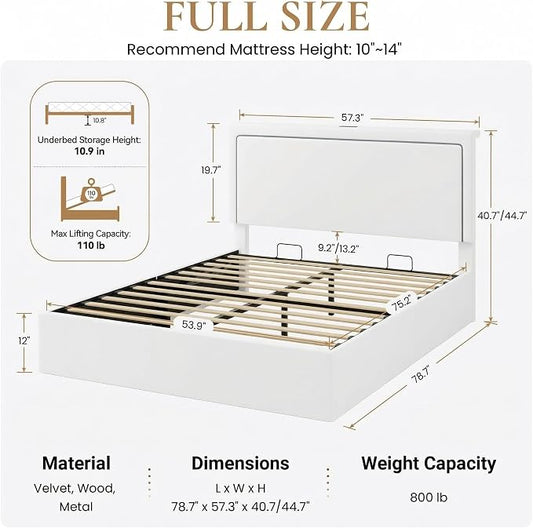 SHA CERLIN Full Size Hydraulic Lift-Up Storage Platform Bed Frame with Charging Station, RGB LED Lights, Adjustable Velvet Headboard, USB-A and USB-C Ports, No Box Spring Needed, White