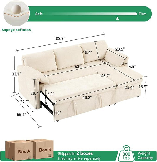 Tbfit Pull Out Sofa Bed with Chair, 3 in 1 Sleeper Sofa Couch with USB & Storage Chaise, Comfy Convertible Sleeper Sofas for Living Room, Small Spaces, White