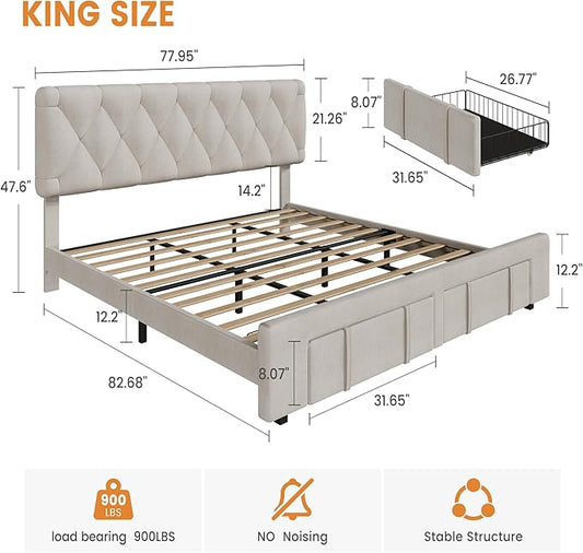 GarveeHome King Size Bed Frame, Upholstered Platform Bed Frame with Storage Drawers, Mattress Foundation with Solid Wooden Slats Support, No Box Spring Needed, Beige