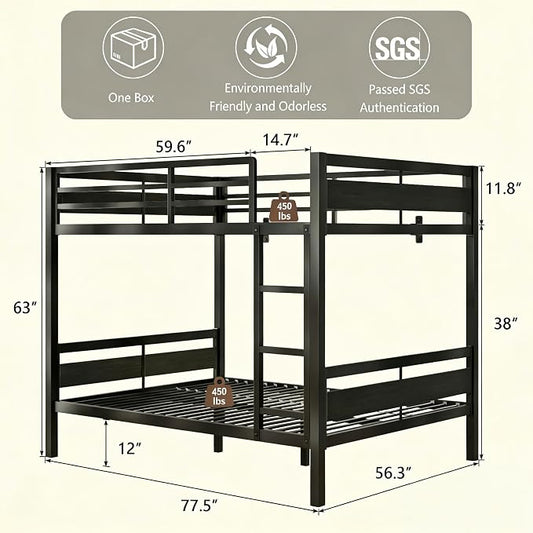 Bunk Bed Full Over Full, Heavy Duty Metal Bunkbeds with Full-Length Guardrail, Space-Saving Steel Bed for Kids & Adults, No Box Spring Required, Black