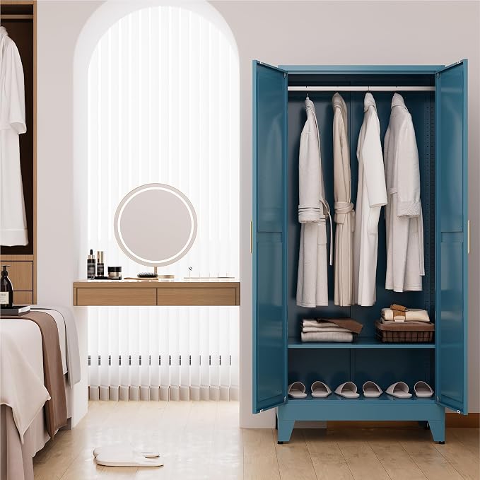 71" Tall Metal Armoire Wardrobe Closet with Removable Hanging Rod and Adjustable Shelves,Blue