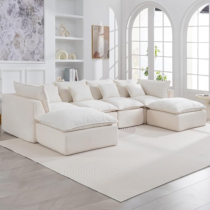 Boneless Couch Sectional Sofas Cloud Couches for Living Room | 130'' Modern Modular Cloud Sofa with Pillows and Ottoman for Bedroom