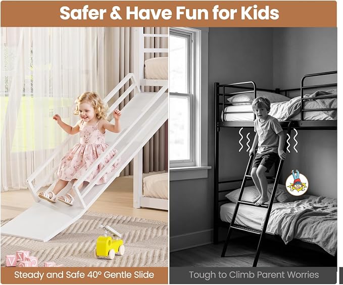 Twin Over Twin Bunk Bed with Slide 40° Gentle-Slope & LED Light, House-Shaped Low Bunk Bed Twin Size with 13.4" Extra-Tall Guardrail & Ladder, Heavy Duty, No Box Spring Needed, Easy Assembly, White