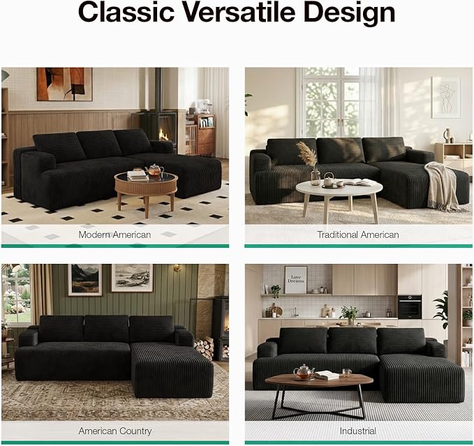 Novilla L-Shape Sectional Couches for Living Room with Smarts Coil® Support, 3 Seater Sectional Sofas for Living Room Bedroom, Corduroy Cloud Couch Sectional, No Assembly(Black, Right Hand Facing)