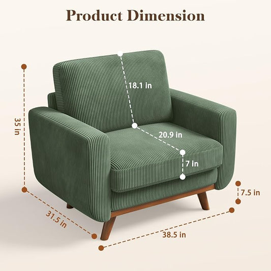 Vesgantti 38.5" Accent Chair Green, Comfy Corduroy Single Sofa Seat with Spring Cushion, Upholstered Armchair with Deep Seat, Reading Chair for Adults, Modern Sofa for Living Room, Bedroom