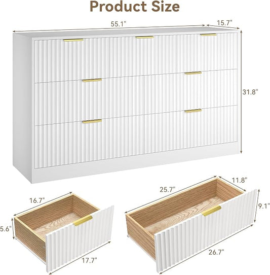 White 7 Drawer Dresser for Bedroom, 55" Wide Fluted Chest of Drawers with Gold Metal Handles, Modern Wood Dresser Closet Storage Organizer Mid Century TV Stand for Living Room Hallway