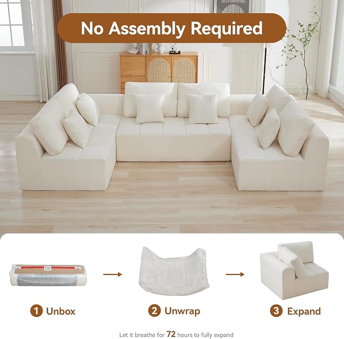 140''Modular Sectional Couches for Living Room, Cloud Boneless Compressed Sectional Sofa, Oversized U Shaped 6 Seater Upholstered Memory Foam Sofa, No Assembly, Chenille Beige