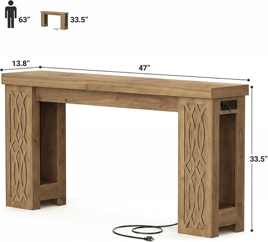Cyclysio 47" Console Table with Outlet, Farmhouse Entryway Table with Colorful LED Lights, Wooden Sofa Table with Unique Carved Design, Foyer Accent Table for Entrance, Hallway, Living Room Natural