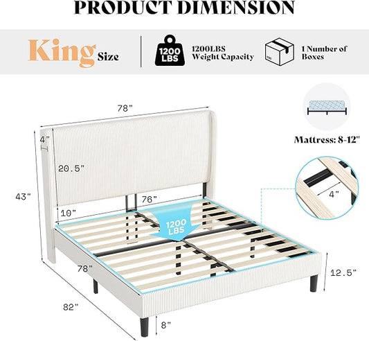 AMERLIFE King Bed Frame, Upholstered Platform Bed with Corduroy Headboard, Easy Assembly Modern White Bed Frame with Wooden Slats Support, No Box Spring Needed