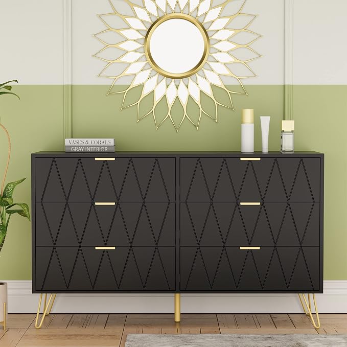 Anbuy Bedroom Sets 3 Piece Black 6 Drawer Dresser and Night Stand Sets for Bedroom, Two Drawers Nightstand Set of 2 & 6 Drawer Dresser Combo 3 Pieces (Black)
