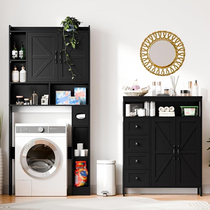Vabches Farmhouse Storage Cabinet with 2 Doors and 4 Drawers, Freestanding Bathroom Compartment Kitchen Pantry Cabinet, Floor Cupboard for Kitchen/Living Room/Bathroom,Pure Black