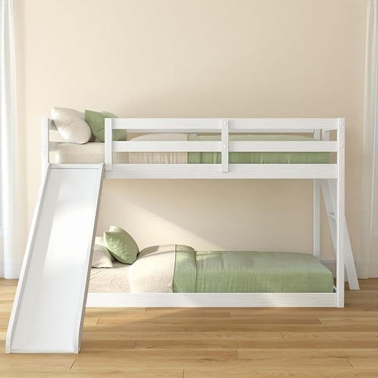 Grain & Grove Bear Twin Over Twin Bunk Bed with Slide, Low Bunk Bed Frame for Kids, Bunk with Ladder, Guardrail, and Slats, No Box Spring Required, Brushed White