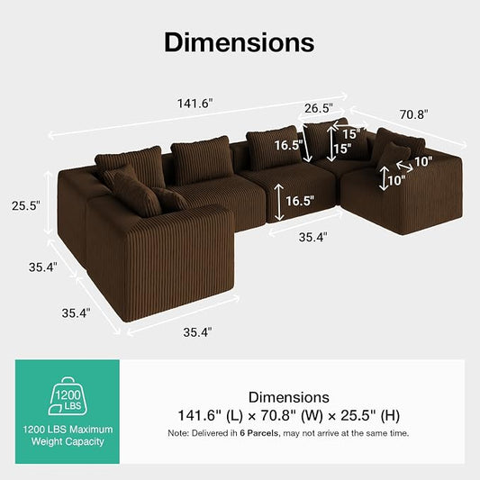 Novilla 141" Modular Sectional Sofa, Modern Cloud Sectional Couch with SmartS Coil® Support, U-Shape Upholstered Boneless Couch for Living Room Apartments Bedroom, No Assembly Required, Brown (6 Seat)