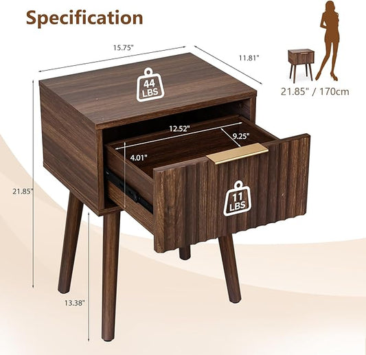 VINGLI Night Stand, Fluted Nightstand Wood, Mid Century Modern Nightstand for Bedroom, Bedside Table, Wood Side Table, Small Night Stand Walnut, 15.75" W*11.81" D*21.85" H