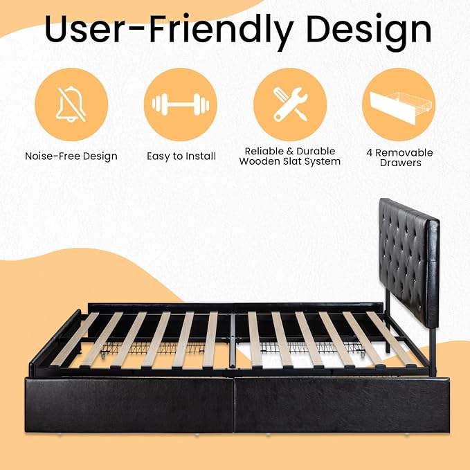 SHA CERLIN Upholstered Queen Platform Storage Bed Frame with 4 Drawers, Adjustable Headboard with Faux Leather Diamond Button Tufted Design, Wooden Slat Support, No Box Spring Needed, Black
