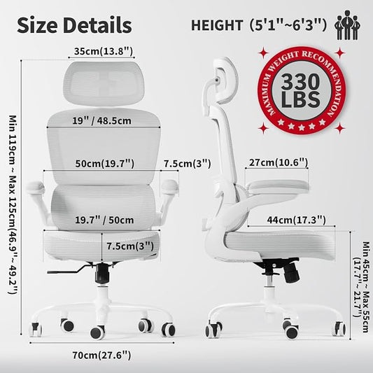 TRALT Ergonomic Office Chair - Desk Chair with Adjustable Headrest Lumbar Support Computer Chair - Mesh Comfy Chair with Flip-up Armrests - Gaming Chairs for Adults Home Office (Leather, White)