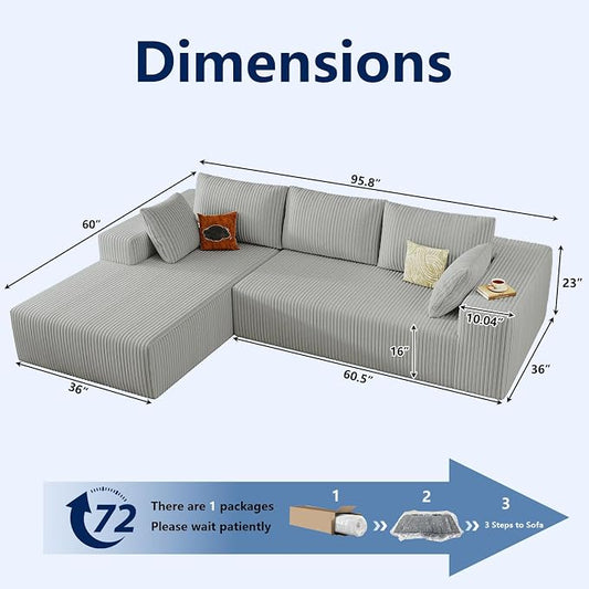96" Modular Sectional Sofa, Modern Corduroy Cloud Couch with Deep Seat, Boneless Couch Upholstered 3-Seater L-Shaped Sofa for Living Room, No Assembly Required (Light Grey, Left-Facing Chaise)