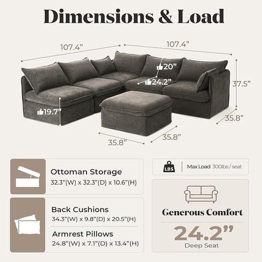 Cloud Modular Corner Sectional, Oversized Deep Seat Comfort, Luxe Chenille | Fully Removable Washable Covers, Memory Foam Seat Cushions, Storage Ottoman, Premium Fabric