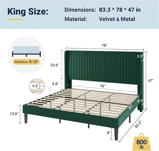 Allewie King Size Bed Frame/Velvet Upholstered Platform Bed/Vertical Channel Tufted Wingback Headboard/Strong Wooden Slats/No Box Spring Needed/Easy Assembly/Green
