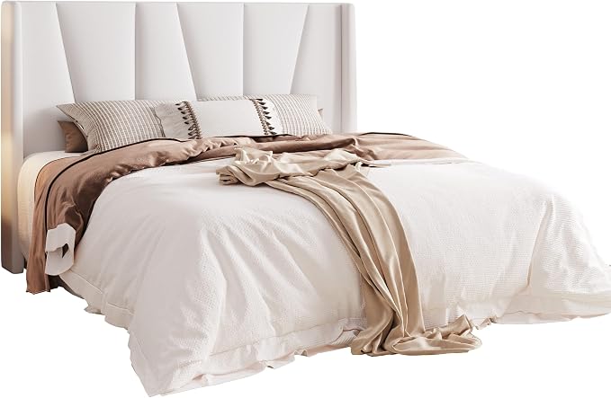 Allewie Queen Size Platform Velvet Bed Frame with Geometric Wingback Headboard, Boho Upholstered Bed with Wooden Slats Support, No Box Spring Needed, Easy Assembly, White