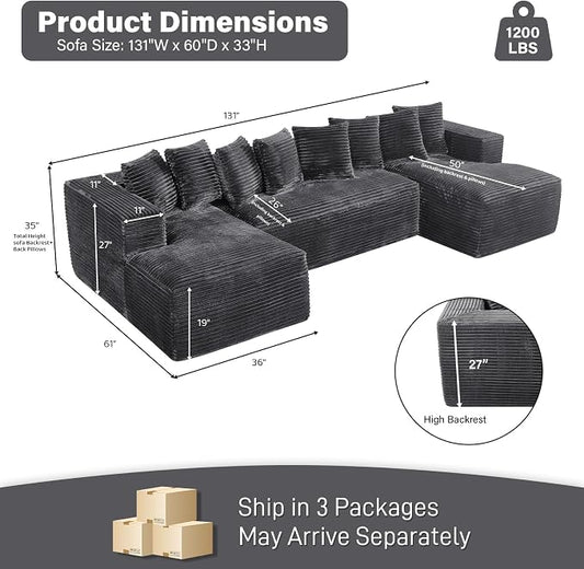 131" Oversized U Shaped Cloud Sectional Couches for Living Room, Comfy Fluffy Corduroy Dark Grey Boneless Sectionals Couch, Plush Memory Foam Modular Sectional Sofa with Chaise- 19" Seat Height