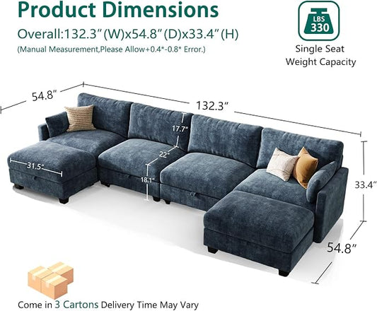 Modular Sectional U Shaped Sofa Couches for Living Room, Cloud Couch with Storage Ottoman, Comfy Chenille Sofa with Pillow, Blue