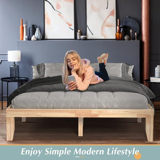COSTWAY Queen Size Platform Bed Frame, 14 Inches Solid Rubber Wood Bed Mattress Foundation with Sturdy Slats Support, Easy Assembly Bed Frame for Home Hotel, No Box Spring Needed (Natural, Queen)