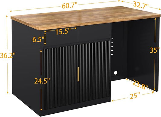 GDLF 60.7" W Large Kitchen Island with Storage and Fridge Space, Modern Kitchen Bar Island Table and Dining Table with Drawers